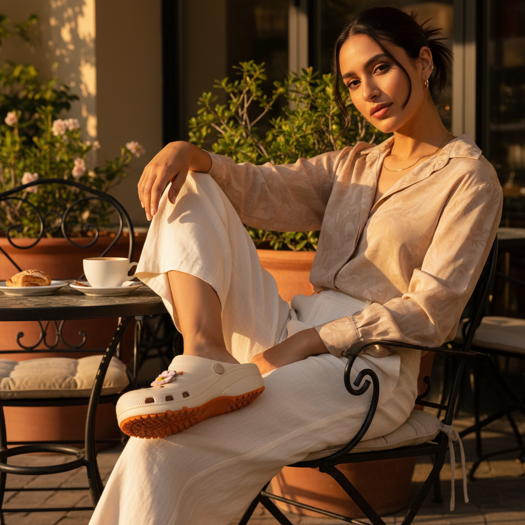 Sabot beige crème Q17-10 – femme moyen-orientale, terrasse café