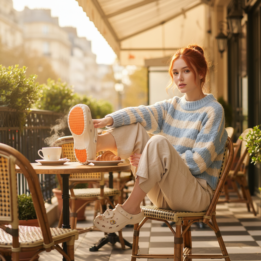 Sabot beige Q17-22 – femme européenne, terrasse café