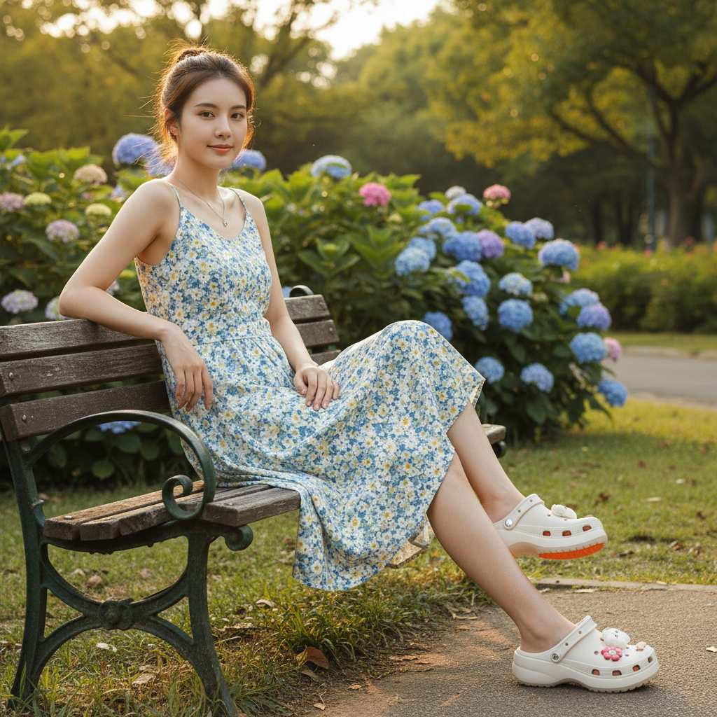 Sabot beige crème Q17-10 – femme asiatique, parc ensoleillé