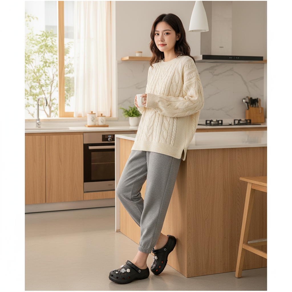 Sabot noir Q17-12 – femme asiatique, pull oversize, cuisine