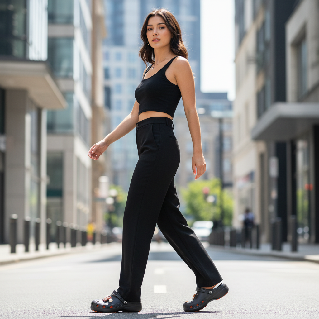 Sabot noir Q17-12 – femme latina, taille haute, rue urbaine