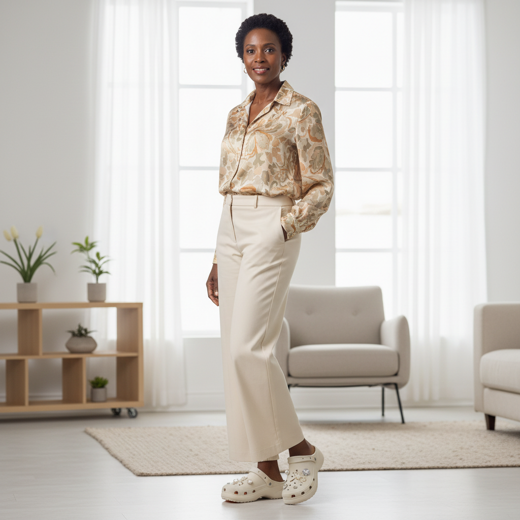 Sabot kaki Q17-6 – femme africaine mature, pantalon élégant, salon