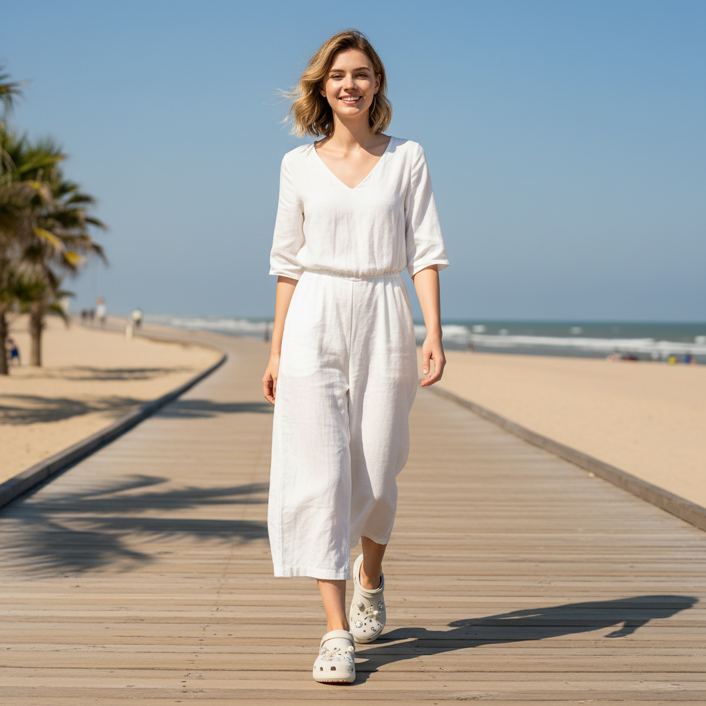 Sabot kaki Q17-6 – femme européenne, combinaison lin, bord de mer