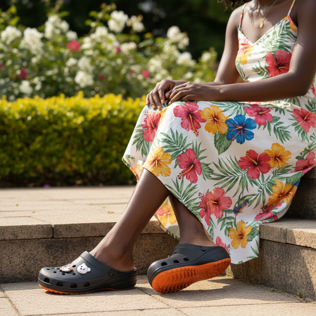 Sabot noir Q17-12 – femme africaine, robe fleurie, escalier